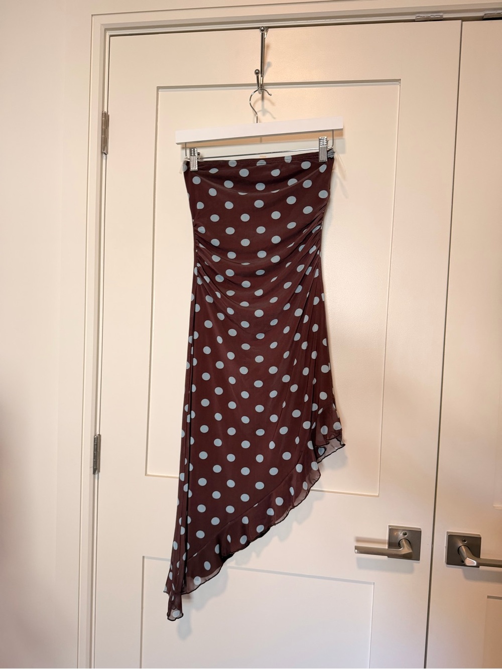 See You Monday Strapless Brown Asymmetrical Polka Dot Dress with Light Blue Dots
